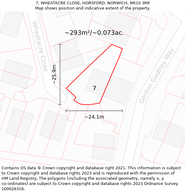 7, WHEATACRE CLOSE, HORSFORD, NORWICH, NR10 3RR: Plot and title map