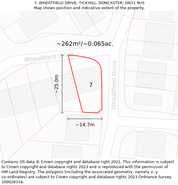 7, WHEATFIELD DRIVE, TICKHILL, DONCASTER, DN11 9US: Plot and title map