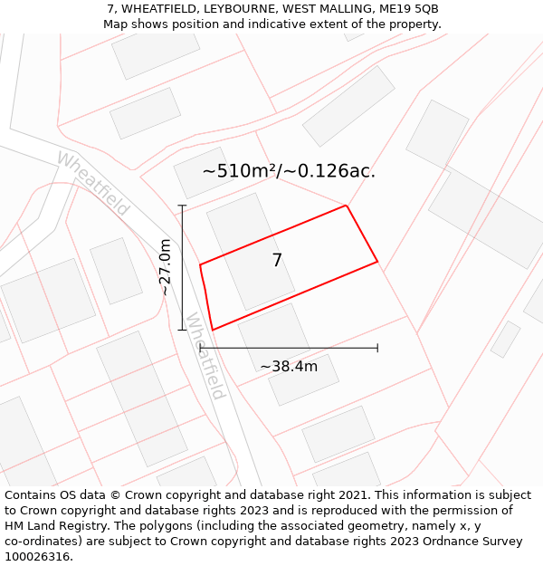 7, WHEATFIELD, LEYBOURNE, WEST MALLING, ME19 5QB: Plot and title map