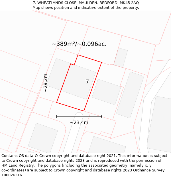 7, WHEATLANDS CLOSE, MAULDEN, BEDFORD, MK45 2AQ: Plot and title map