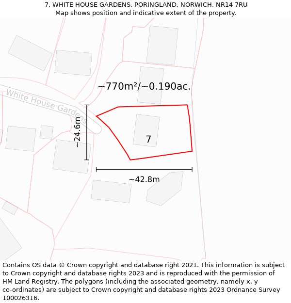 7, WHITE HOUSE GARDENS, PORINGLAND, NORWICH, NR14 7RU: Plot and title map