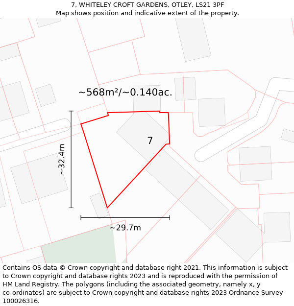 7, WHITELEY CROFT GARDENS, OTLEY, LS21 3PF: Plot and title map