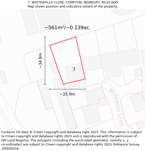 7, WHITEWALLS CLOSE, COMPTON, NEWBURY, RG20 6QG: Plot and title map