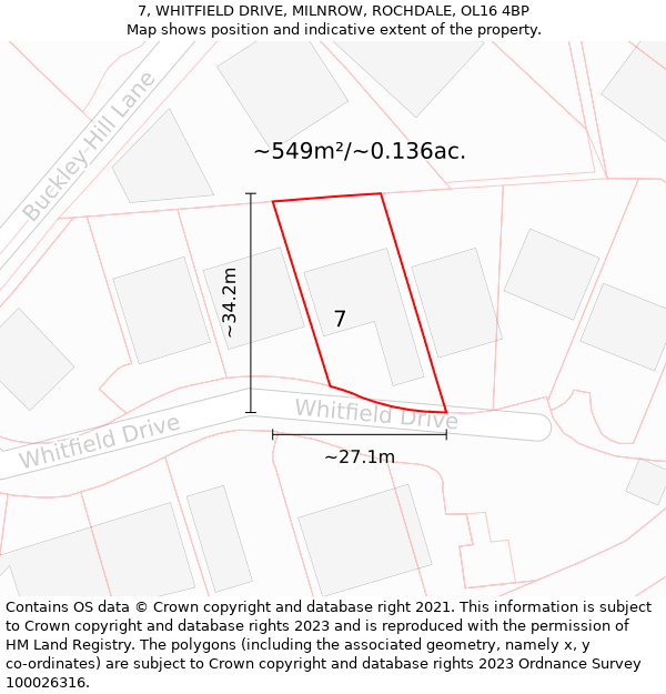 7, WHITFIELD DRIVE, MILNROW, ROCHDALE, OL16 4BP: Plot and title map