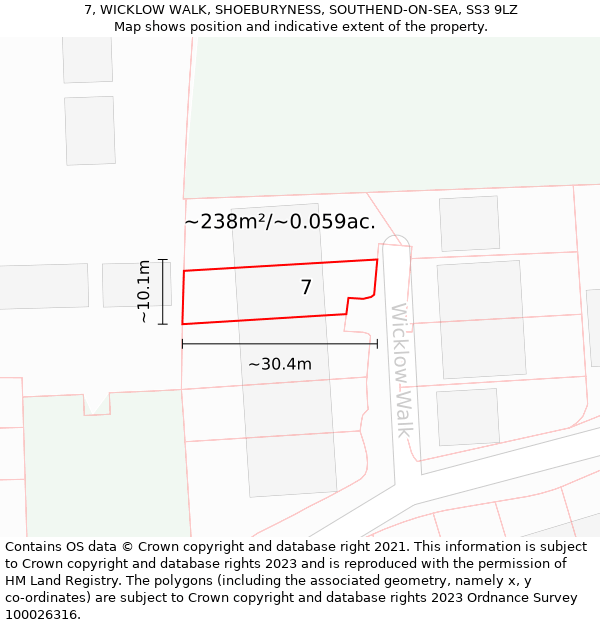 7, WICKLOW WALK, SHOEBURYNESS, SOUTHEND-ON-SEA, SS3 9LZ: Plot and title map