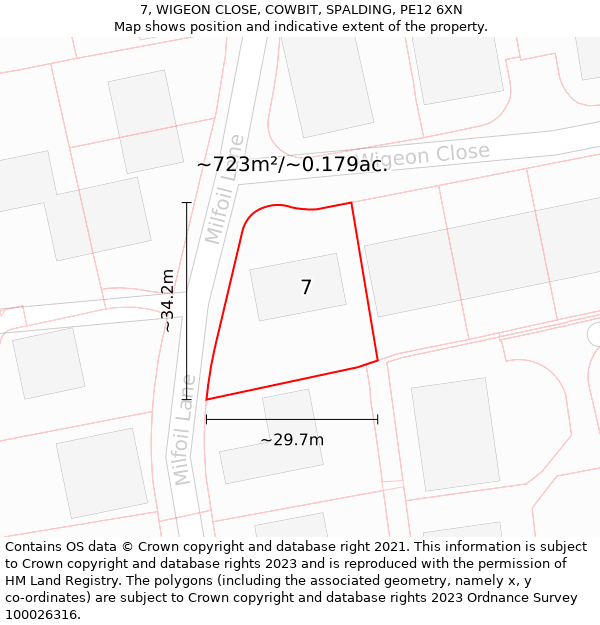 7, WIGEON CLOSE, COWBIT, SPALDING, PE12 6XN: Plot and title map