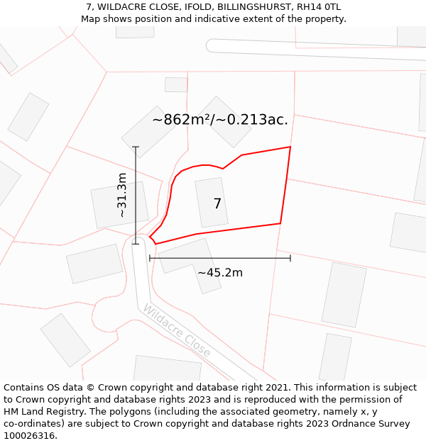 7, WILDACRE CLOSE, IFOLD, BILLINGSHURST, RH14 0TL: Plot and title map