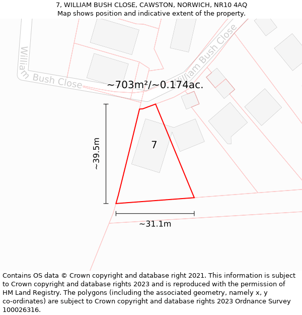 7, WILLIAM BUSH CLOSE, CAWSTON, NORWICH, NR10 4AQ: Plot and title map