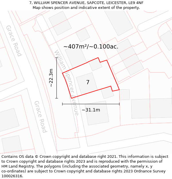 7, WILLIAM SPENCER AVENUE, SAPCOTE, LEICESTER, LE9 4NF: Plot and title map