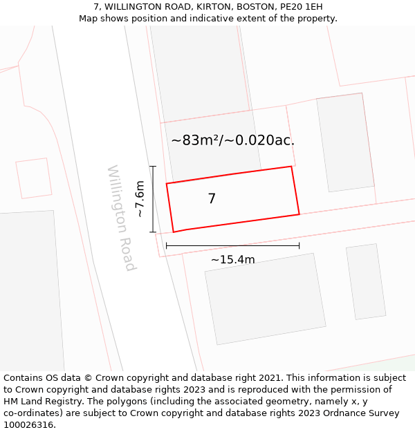 7, WILLINGTON ROAD, KIRTON, BOSTON, PE20 1EH: Plot and title map