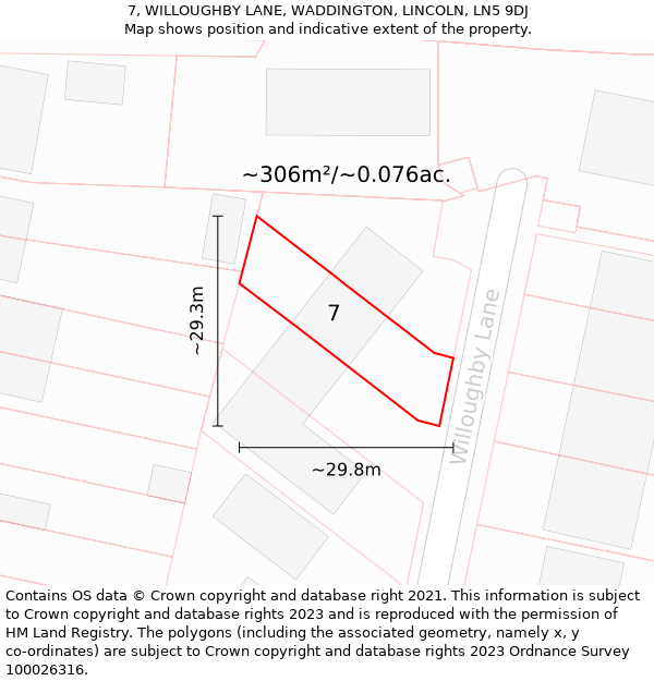 7, WILLOUGHBY LANE, WADDINGTON, LINCOLN, LN5 9DJ: Plot and title map