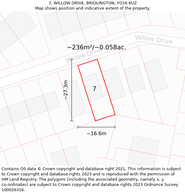 7, WILLOW DRIVE, BRIDLINGTON, YO16 6UZ: Plot and title map