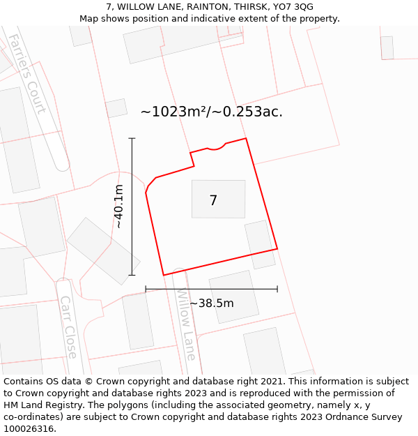 7, WILLOW LANE, RAINTON, THIRSK, YO7 3QG: Plot and title map