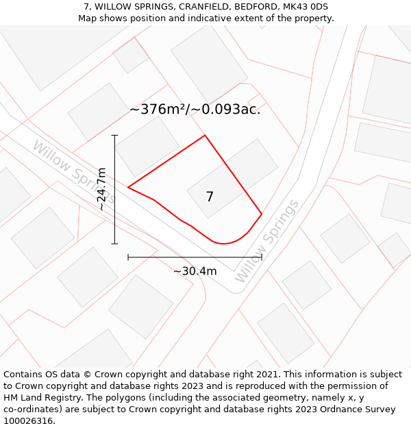 7, WILLOW SPRINGS, CRANFIELD, BEDFORD, MK43 0DS: Plot and title map