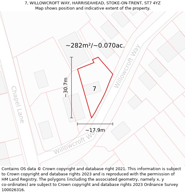 7, WILLOWCROFT WAY, HARRISEAHEAD, STOKE-ON-TRENT, ST7 4YZ: Plot and title map