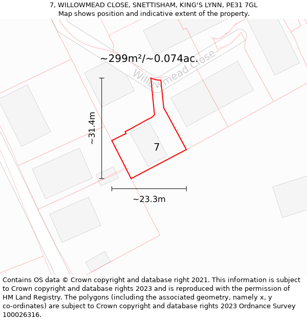 7, WILLOWMEAD CLOSE, SNETTISHAM, KING'S LYNN, PE31 7GL: Plot and title map