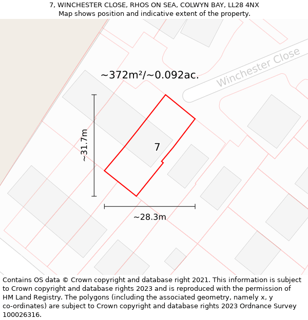 7, WINCHESTER CLOSE, RHOS ON SEA, COLWYN BAY, LL28 4NX: Plot and title map