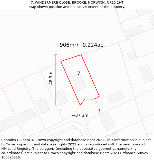7, WINDERMERE CLOSE, BROOKE, NORWICH, NR15 1HT: Plot and title map