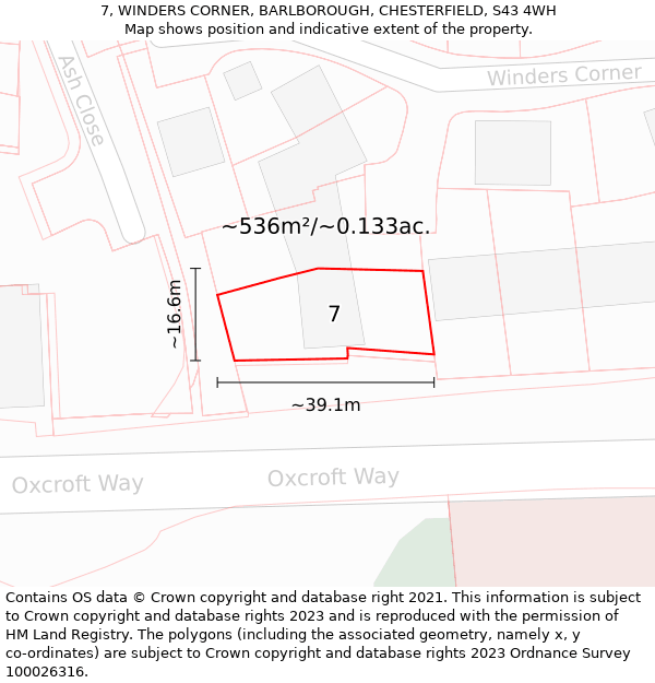 7, WINDERS CORNER, BARLBOROUGH, CHESTERFIELD, S43 4WH: Plot and title map