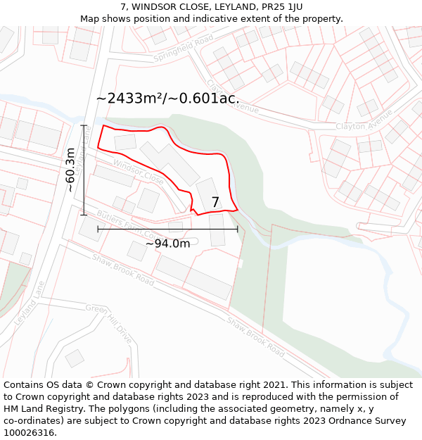 7, WINDSOR CLOSE, LEYLAND, PR25 1JU: Plot and title map