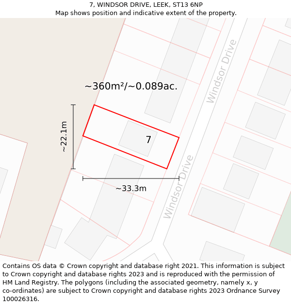 7, WINDSOR DRIVE, LEEK, ST13 6NP: Plot and title map