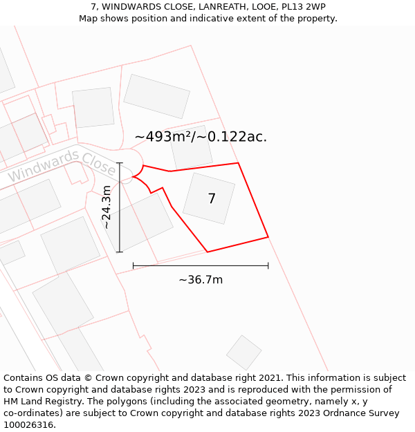 7, WINDWARDS CLOSE, LANREATH, LOOE, PL13 2WP: Plot and title map