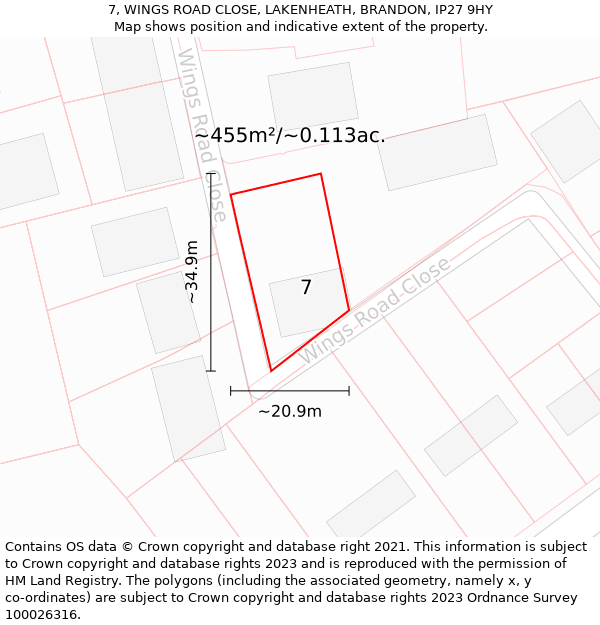 7, WINGS ROAD CLOSE, LAKENHEATH, BRANDON, IP27 9HY: Plot and title map