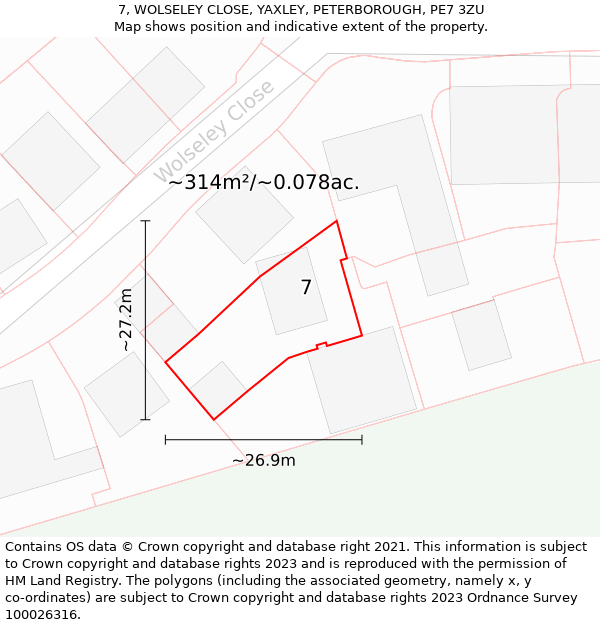 7, WOLSELEY CLOSE, YAXLEY, PETERBOROUGH, PE7 3ZU: Plot and title map