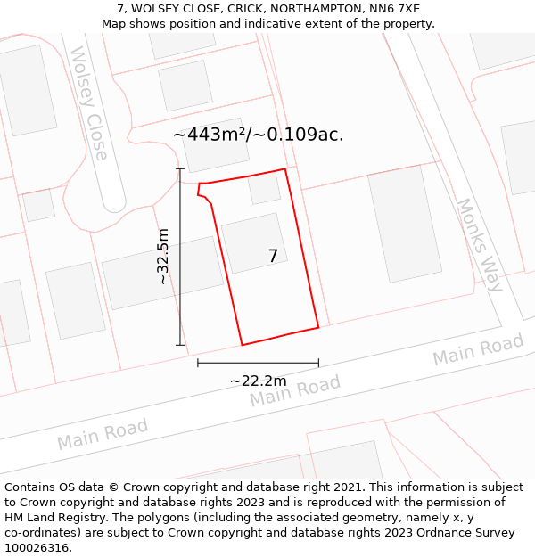 7, WOLSEY CLOSE, CRICK, NORTHAMPTON, NN6 7XE: Plot and title map