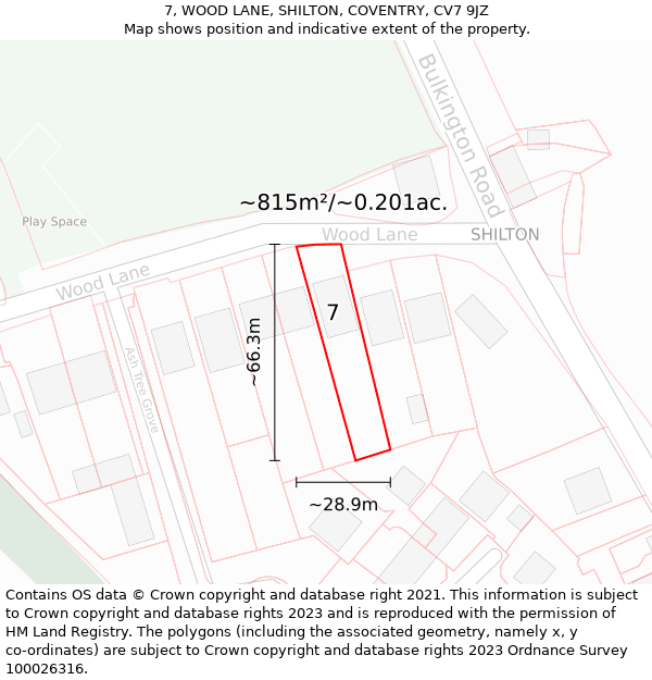 7, WOOD LANE, SHILTON, COVENTRY, CV7 9JZ: Plot and title map