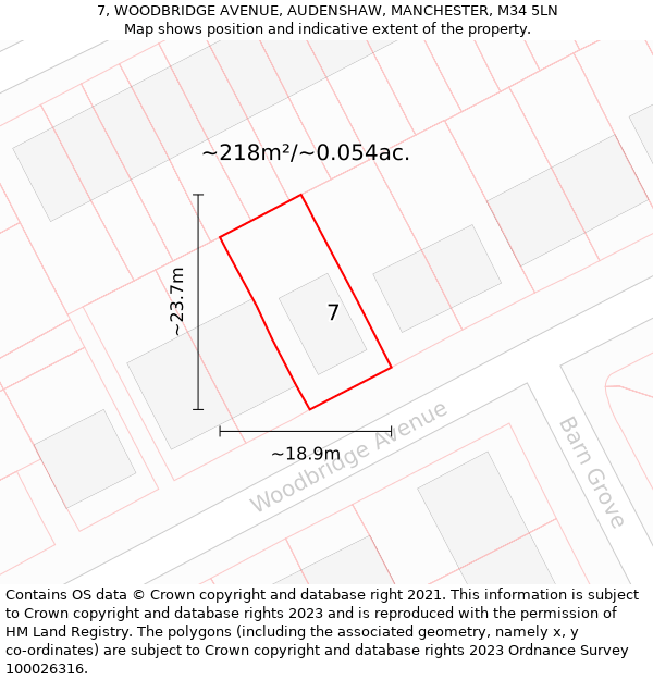 7, WOODBRIDGE AVENUE, AUDENSHAW, MANCHESTER, M34 5LN: Plot and title map