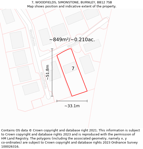 7, WOODFIELDS, SIMONSTONE, BURNLEY, BB12 7SB: Plot and title map