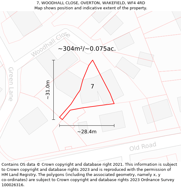 7, WOODHALL CLOSE, OVERTON, WAKEFIELD, WF4 4RD: Plot and title map