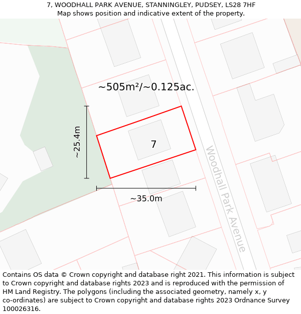 7, WOODHALL PARK AVENUE, STANNINGLEY, PUDSEY, LS28 7HF: Plot and title map