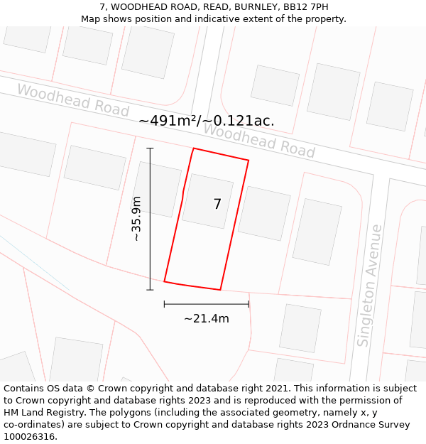 7, WOODHEAD ROAD, READ, BURNLEY, BB12 7PH: Plot and title map