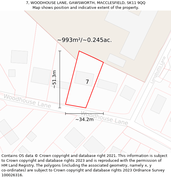 7, WOODHOUSE LANE, GAWSWORTH, MACCLESFIELD, SK11 9QQ: Plot and title map