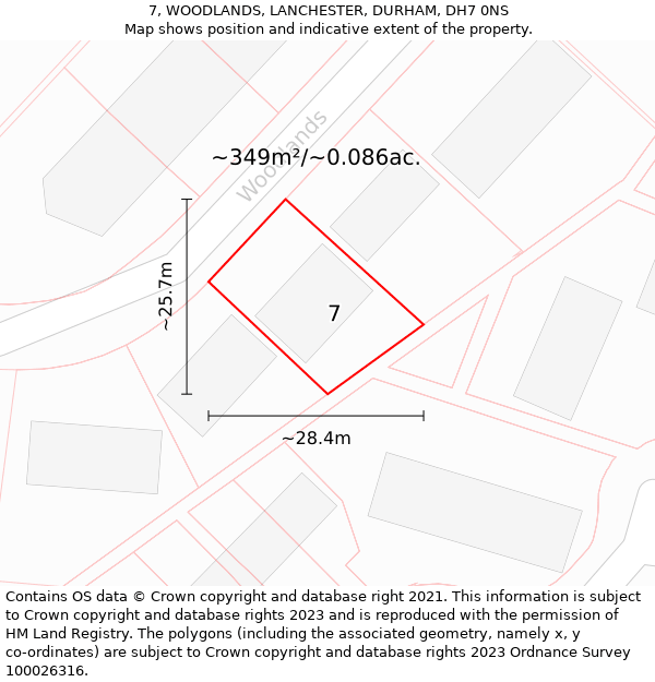 7, WOODLANDS, LANCHESTER, DURHAM, DH7 0NS: Plot and title map