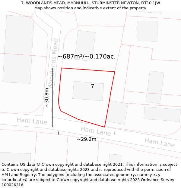 7, WOODLANDS MEAD, MARNHULL, STURMINSTER NEWTON, DT10 1JW: Plot and title map