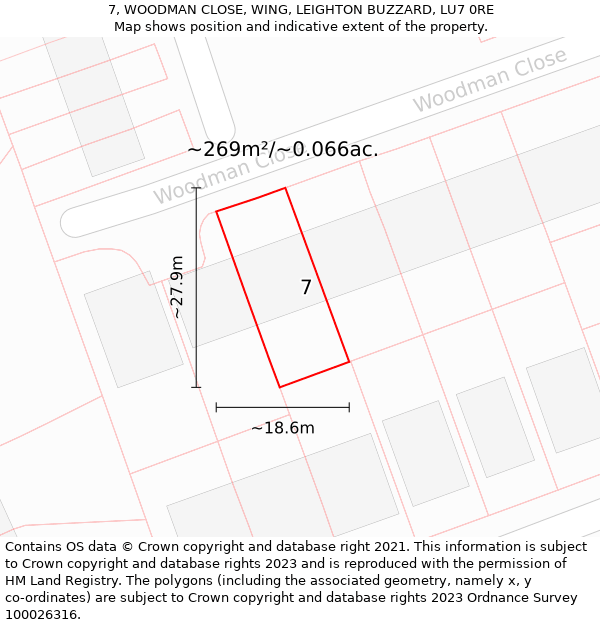 7, WOODMAN CLOSE, WING, LEIGHTON BUZZARD, LU7 0RE: Plot and title map