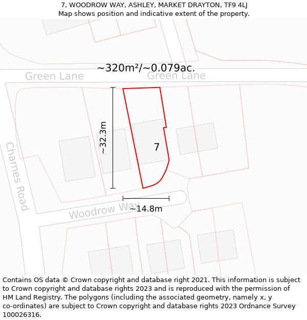 7, WOODROW WAY, ASHLEY, MARKET DRAYTON, TF9 4LJ: Plot and title map