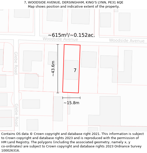 7, WOODSIDE AVENUE, DERSINGHAM, KING'S LYNN, PE31 6QE: Plot and title map