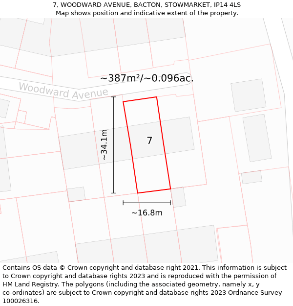 7, WOODWARD AVENUE, BACTON, STOWMARKET, IP14 4LS: Plot and title map