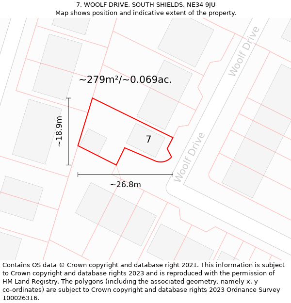 7, WOOLF DRIVE, SOUTH SHIELDS, NE34 9JU: Plot and title map