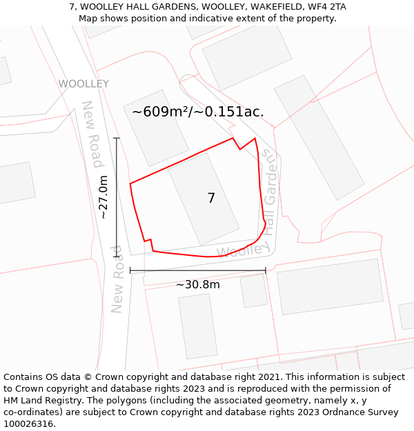 7, WOOLLEY HALL GARDENS, WOOLLEY, WAKEFIELD, WF4 2TA: Plot and title map