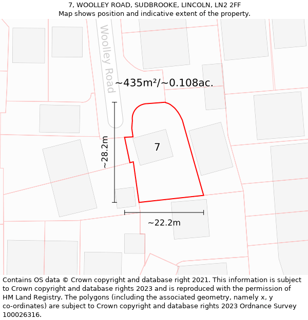 7, WOOLLEY ROAD, SUDBROOKE, LINCOLN, LN2 2FF: Plot and title map