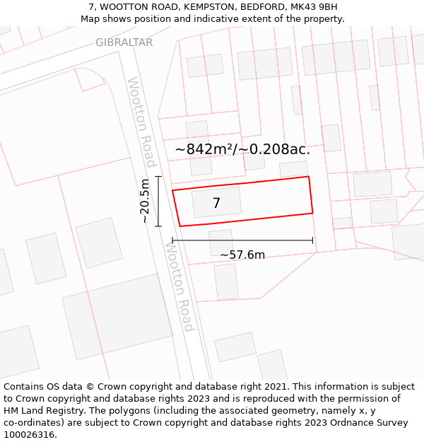 7, WOOTTON ROAD, KEMPSTON, BEDFORD, MK43 9BH: Plot and title map