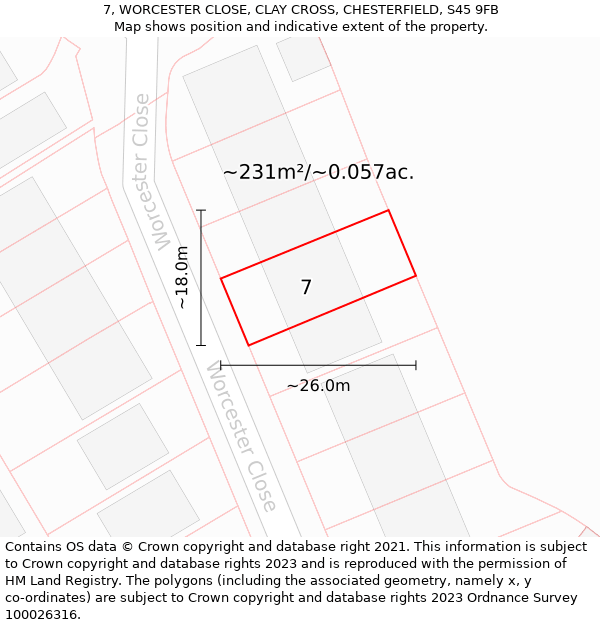 7, WORCESTER CLOSE, CLAY CROSS, CHESTERFIELD, S45 9FB: Plot and title map