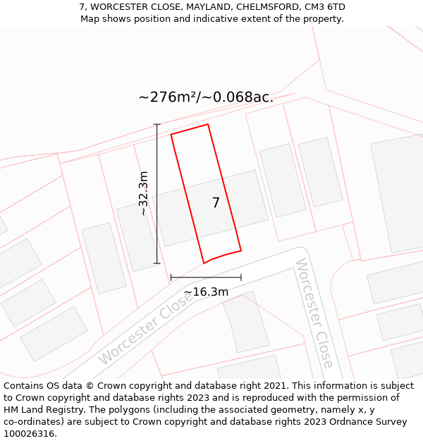 7, WORCESTER CLOSE, MAYLAND, CHELMSFORD, CM3 6TD: Plot and title map