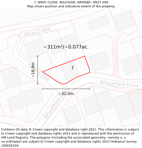 7, WRAY CLOSE, WALTHAM, GRIMSBY, DN37 0XR: Plot and title map