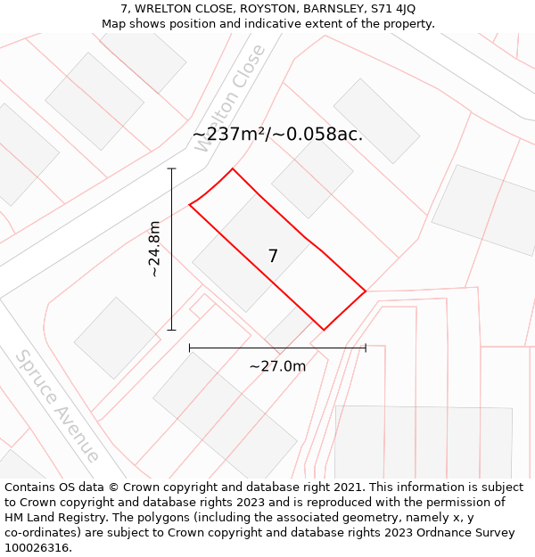 7, WRELTON CLOSE, ROYSTON, BARNSLEY, S71 4JQ: Plot and title map